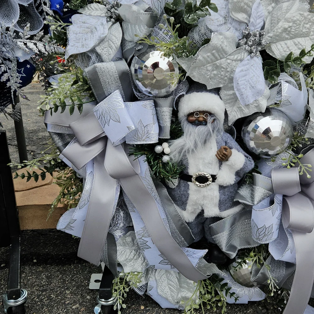 Elegant Silver and White Holiday Wreath with Santa